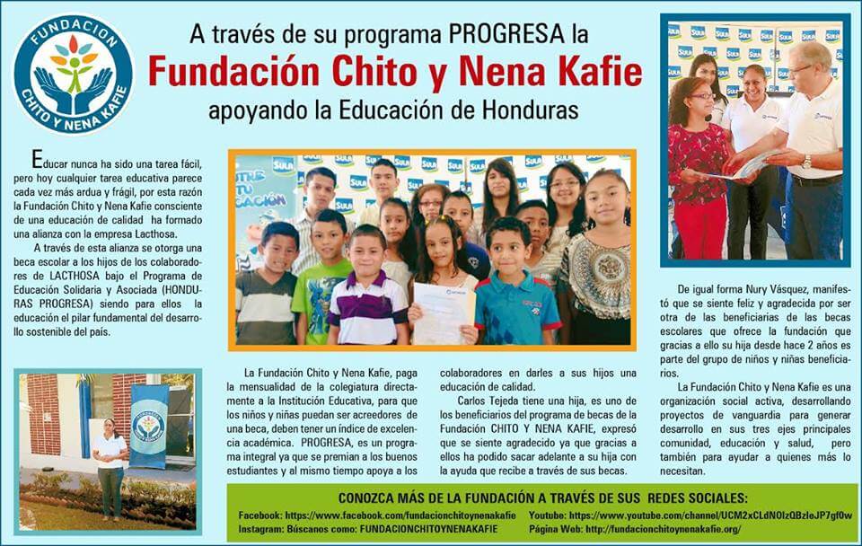 Fundación Chito y Nena Kafie apoya a la educación de los hondureños a través del programa PROGRESA