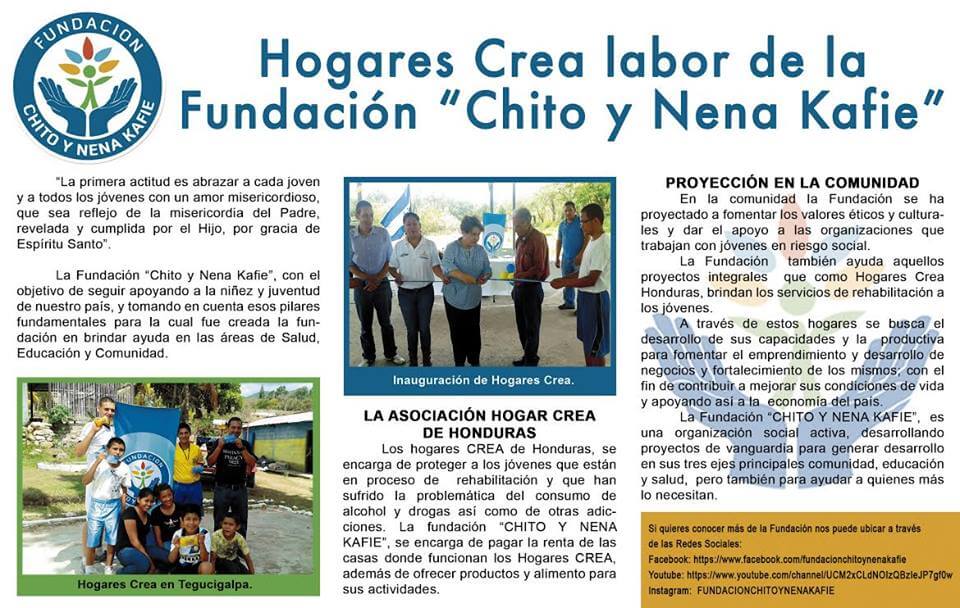 La Fundación Chito y Nena Kafie, con el objetivo de seguir apoyando a la niñez y juventud de nuestro país, se ha encargado del pago de la renta de las casas donde funcionan los Hogares CREA, además de los productos y alimentos para sus actividades. Les compartimos el artículo que publicó Semanario FIDES.